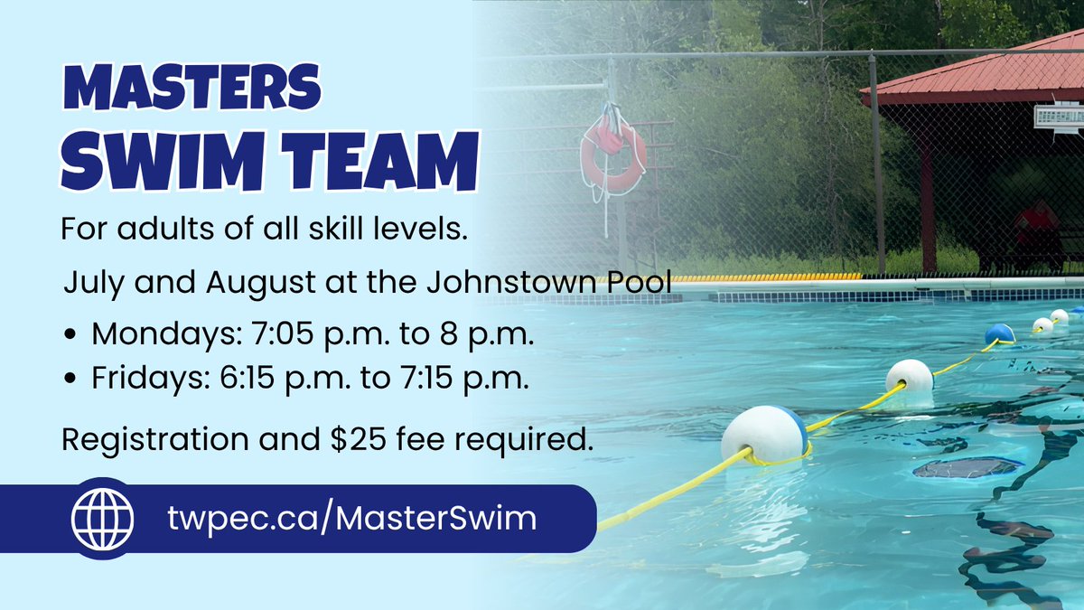 twpec's tweet photo. New Masters Swim Team!
Coached swim sessions for adults of all skill levels.
Practices run in July and August at our Johnstown Pool:
• Mondays: 7:05 p.m. to 8 p.m.
• Fridays: 6:15 p.m. to 7:15 p.m.
Registration and a $25 fee are required.
https://t.co/TkGV1sg7rA https://t.co/cVmLbSA1TN
