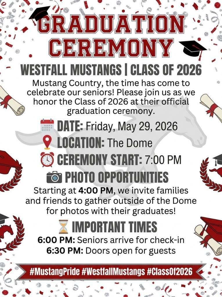 WestfallHS's tweet photo. It’s Grad Week! Senior Clap-Out &amp; practice is May 27 at 9 AM (caps/gowns required). Graduation is on May 29 at 7 PM. No tickets needed. Outdoor photos start at 4 PM; senior check-in at 6 PM; doors open at 6:30 PM; seating is first-come, first-served. https://t.co/Tp1WYphlXU