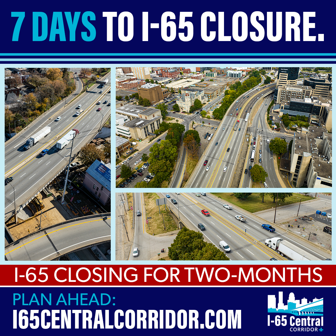 KYTC's tweet photo. One week to go! 🚧

I‑65 will close in Louisville between I‑264 and downtown (Jefferson Street) starting June 1. This closure saves over a year of additional delays.

Now is the time to  prepare for the closure. Visit https://t.co/ICNaPTmEHX for details and updates. https://t.co/HVxAeYz962