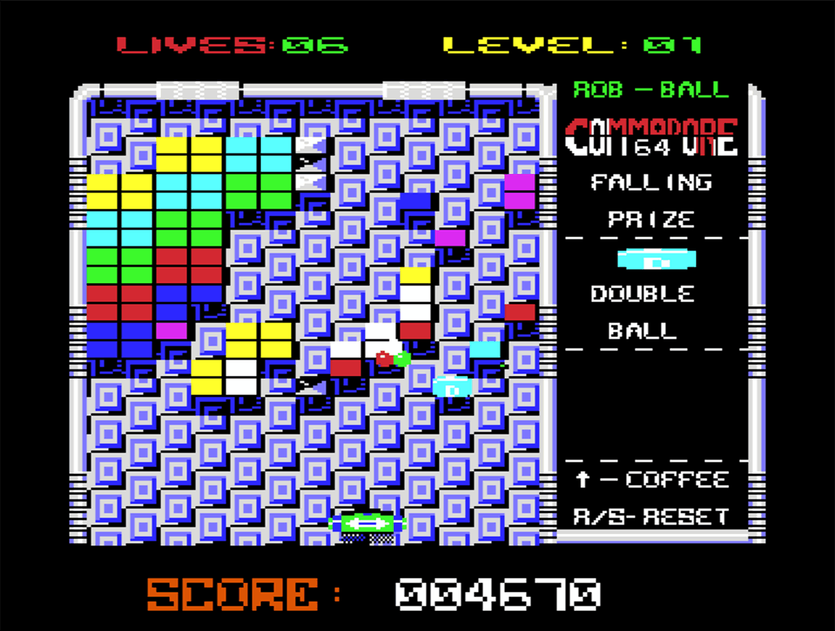 brewotakumag's tweet photo. Rob-Ball (2026) on C64: Arkanoid with parallax scrolling, randomised stages & paddle support. All squeezed into 16KB of assembly code ⚡ Also supports a 1351 mouse!
💸 https://t.co/a6QoWBeASm
#homebrew #commodore64 #c64 #retro #game #robball https://t.co/5VTWSj9vlY