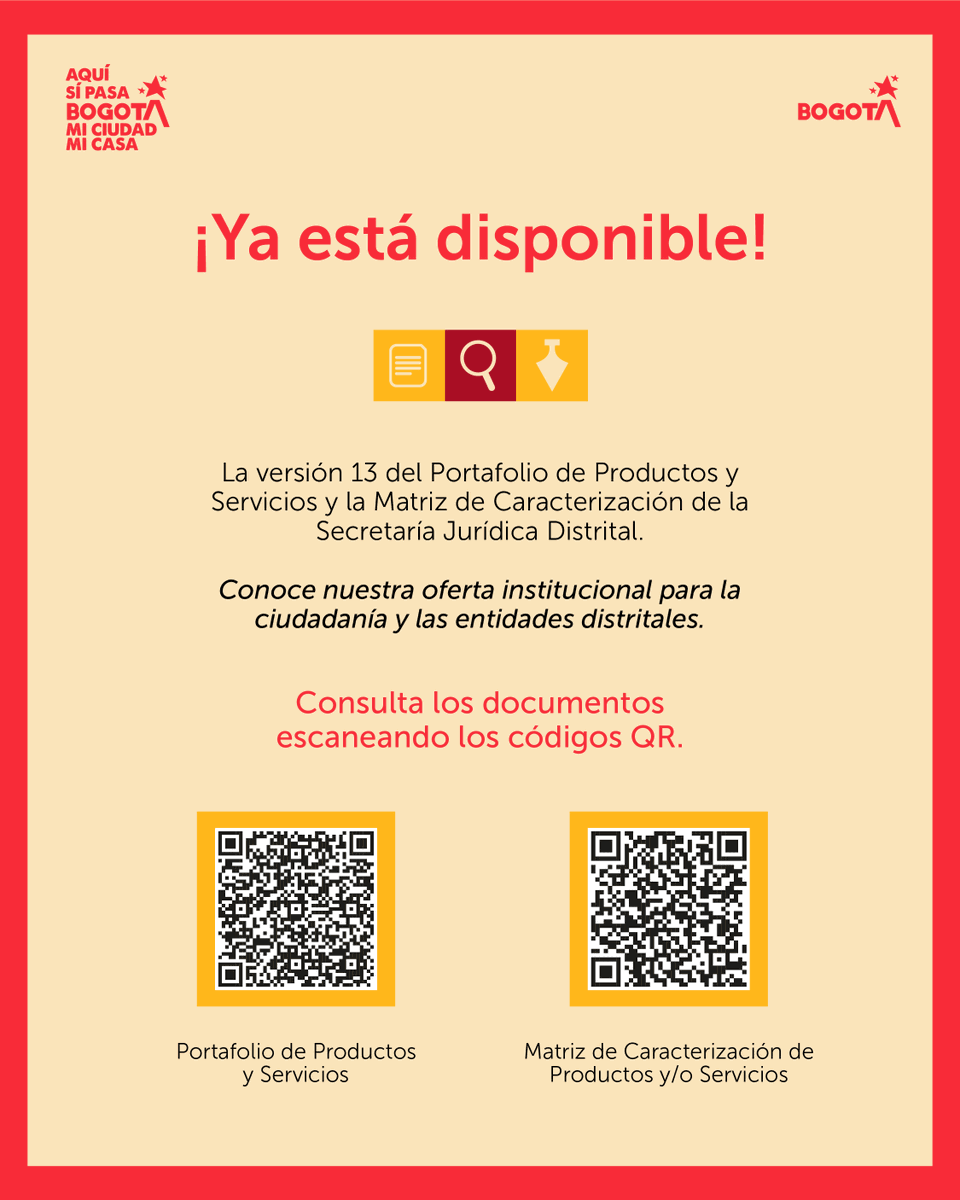 juridicadistri's tweet photo. ¡Actualizamos nuestro Portafolio de Productos y Servicios!
Ya puedes consultar la versión 13 del Portafolio de Productos y Servicios y la Matriz de Caracterización de Productos y/o Servicios de la Secretaría Jurídica Distrital. Escanea los códigos de la imagen para su consulta👇 https://t.co/fShGDfrdGl
