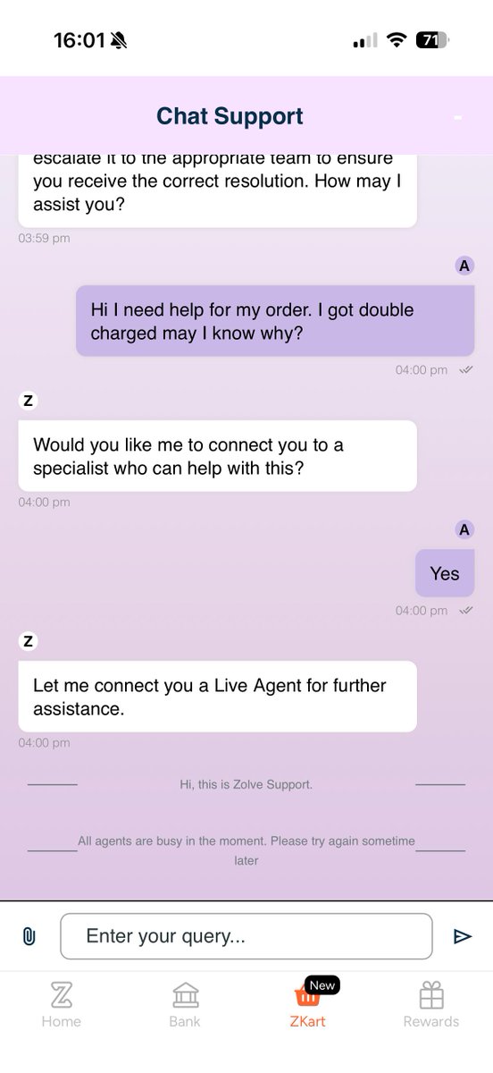 the_foxbat02's tweet photo. @zolve_official what a pathetic fintech you are, just looting international students in US. There is not a single point of customer support you guys have. For an order you charged me double. Shitiest app. Agent is busy all the time. Get A CUSTOMER SUPPORT EMAIL https://t.co/JznzL4oGfK