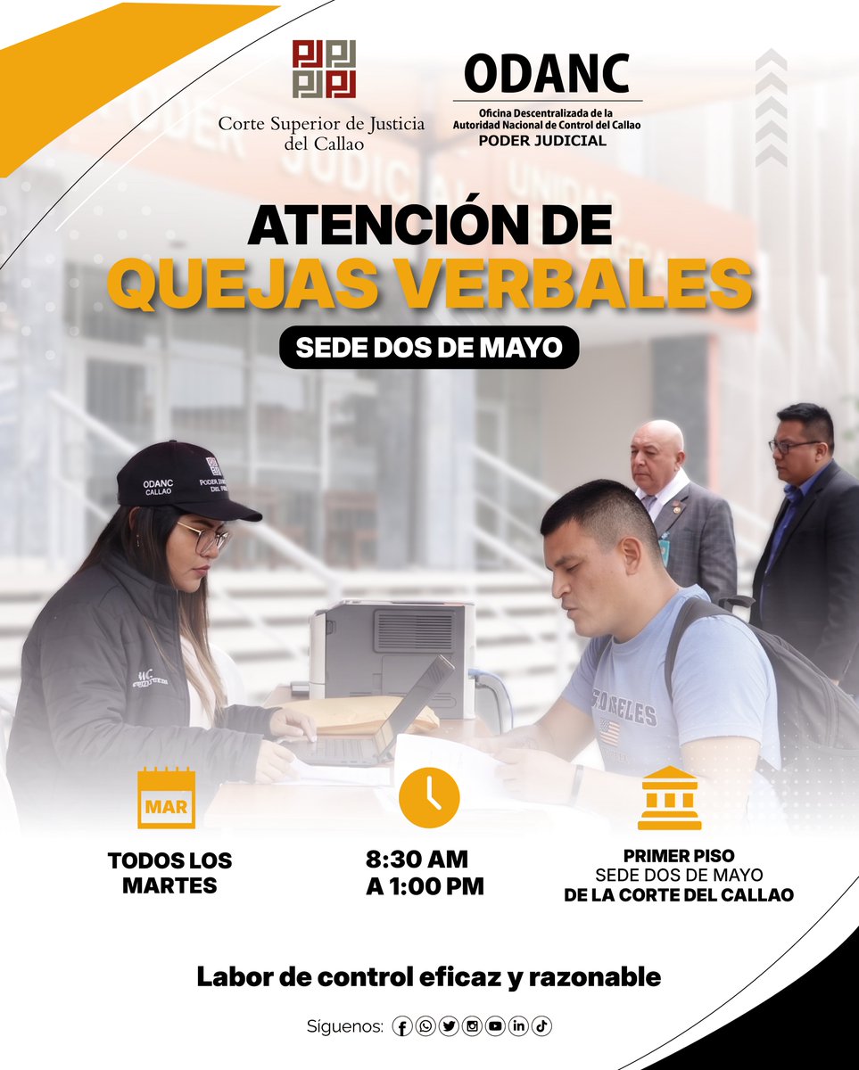 CortedelCallao's tweet photo. ⚖️ ¿Tienes alguna queja sobre un proceso judicial en el Callao? ¡Te escuchamos!
📌 Toma nota del horario de atención:
🗓️ Días: Todos los martes.
⏱️ Hora: 8:30 a m. a 1:00 p. m.
🏢 Ubicación: Primer piso, sede Dos de Mayo de la Corte del Callao.
#JusticiaTransparente #ODANC https://t.co/pFQYnzy3Py