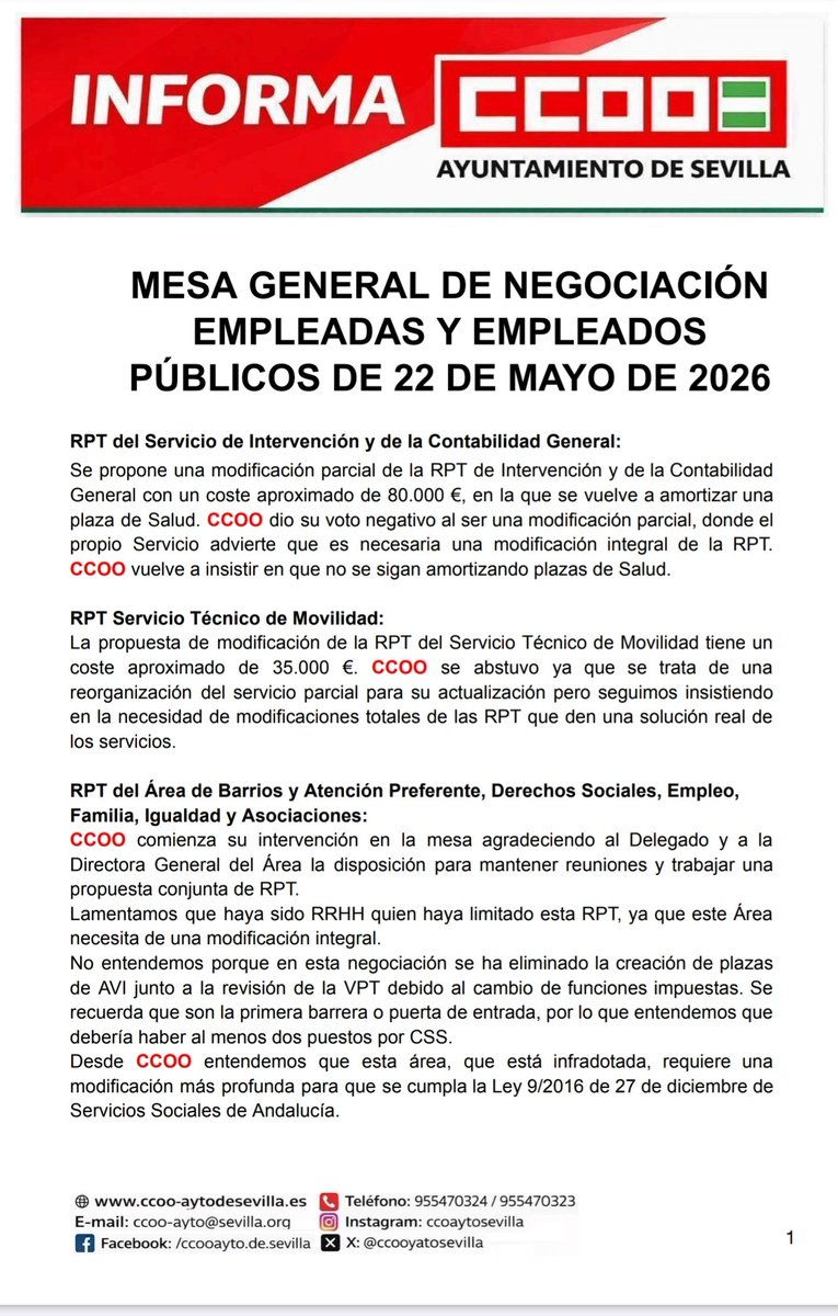 ccooaytodesevil's tweet photo. En la última Mesa General de Negociación, CCOO indicó que:
no más RPT parciales, no más amortización de plazas de Salud y no más respuestas a medias para servicios que necesitan soluciones de fondo.
Seguimos exigiendo hechos.
#CCOO #DefendemosTusDerechos https://t.co/i30gEq4uBP