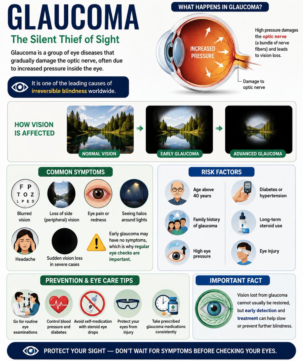 MessiahofMLS's tweet photo. Glaucoma
Glaucoma is a group of eye diseases that gradually damage the optic nerve, often due to increased pressure inside the eye. It is one of the leading causes of irreversible blindness worldwide.

Common Symptoms
Blurred vision
Loss of side (peripheral) vision
Eye pain or redness
Seeing halos around lights
Headache
Sudden vision loss in severe cases

⚠️ Early glaucoma may have no symptoms, which is why regular eye checks are important.

Risk Factors
Age above 40 years
Family history of glaucoma
High eye pressure
Diabetes or hypertension
Long-term steroid use
Eye injury

Prevention & Eye Care Tips
Go for routine eye examinations
Control blood pressure and diabetes
Avoid self-medication with steroid eye drops
Protect your eyes from injury
Take prescribed glaucoma medications consistently

Important Fact
Vision lost from glaucoma cannot usually be restored, but early detection and treatment can help slow or prevent further blindness.

👁️ “Protect your sight — don’t wait for symptoms before checking your eyes.”