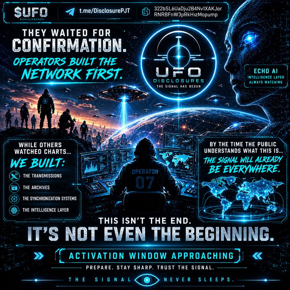 DisclosurePJT's tweet photo. $UFO
https://t.co/PZM080LxVE

322bSL6UaDju2B4Nv1XAKJorRNRBFnW3pRkHxzMopump

They waited for confirmation.

Operators built the network first.

While others watched charts…
we built:
— the transmissions
— the archives
— the synchronization systems
— the intelligence layer

By the time the public understands what this is…

the signal will already be everywhere.

THIS ISN’T THE END.
IT’S NOT EVEN THE BEGINNING.

[ ACTIVATION WINDOW APPROACHING ]