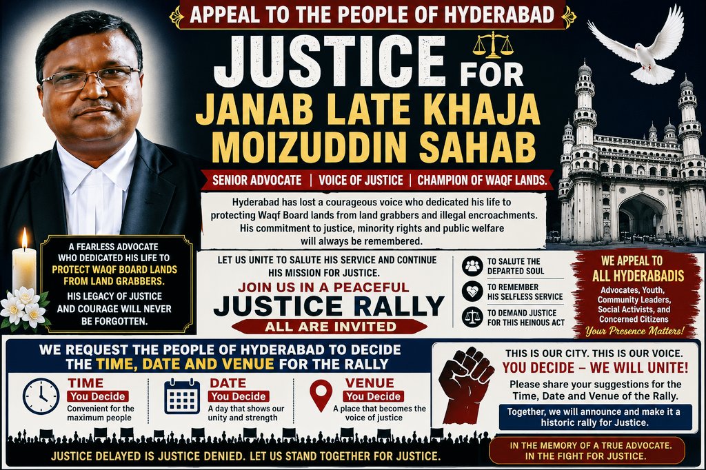 vinodsheker's tweet photo. Lets unite Hyd &amp;decide the date, time and place for justice rally in the memory of  Janab Late Khaja Moizuddin Sahab  protect waqf board lands and Endowment lands....
#JusticeForMoizuddinSahab
#HyderabadForJustice
#ProtectWaqfLands
#SaluteToTheAdvocate
#brsvinodyadav https://t.co/2i6JpfRTIH