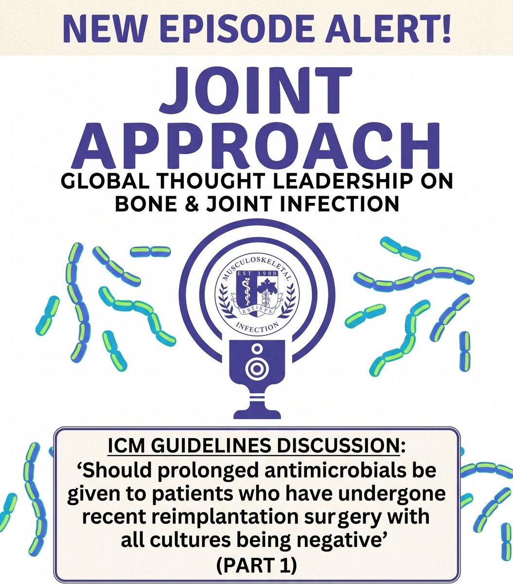 MSISorg's tweet photo. 🎙️ New ICM Guidelines Discussion episode out now!

Should prolonged antimicrobials be given after recent reimplantation surgery with negative cultures?
Listen 👇
https://t.co/PiDJsuPS67

#PJI  #Orthopaedics  #MSIS https://t.co/qnReQmFRwU