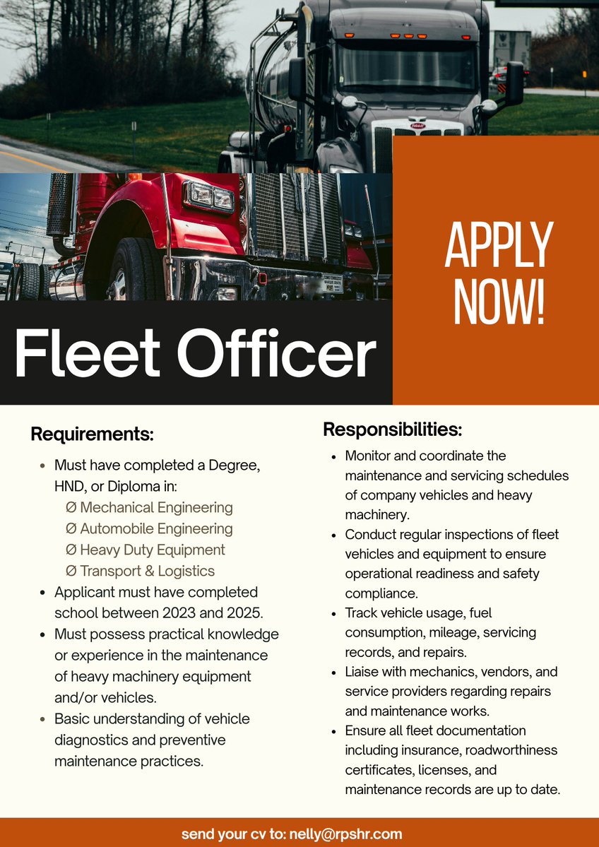 ProSupportgh's tweet photo. 🚨 WE ARE HIRING – FLEET OFFICER 🚨

Are you a recent graduate (2023–2025) with experience in heavy machinery or vehicle maintenance? This opportunity is for you!

✅ Fleet Operations 
✅ Heavy Equipment/Vehicle Maintenance 
✅ Transport & Logistics Support
Requirements: 
🔹 Degree/HND/Diploma in related field 
🔹 Knowledge in heavy-duty equipment or vehicle maintenance 
🔹 Strong organizational & reporting skills

📍 Location: Accra 📩 Send CVs to: nelly@rpshr.com

#JobsInGhana #FleetOfficer #LogisticsJobs #EngineeringJobs #GraduateJobs #HiringNow #fleetofficer #AUDAY #ghanajobs #vacanciesgh #Tema #accra #mechanicalengineering