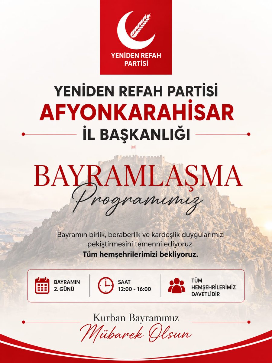 gryckr's tweet photo. Yeniden Refah Partisi Afyonkarahisar İl Başkanlığı olarak gerçekleştireceğimiz bayramlaşma programımıza tüm teşkilat mensuplarımız ve kıymetli hemşehrilerimiz davetlidir.

🗓 Bayramın 2. Günü
🕛 Saat: 12.00 – 16.00 https://t.co/V8Wbtu0SVL
