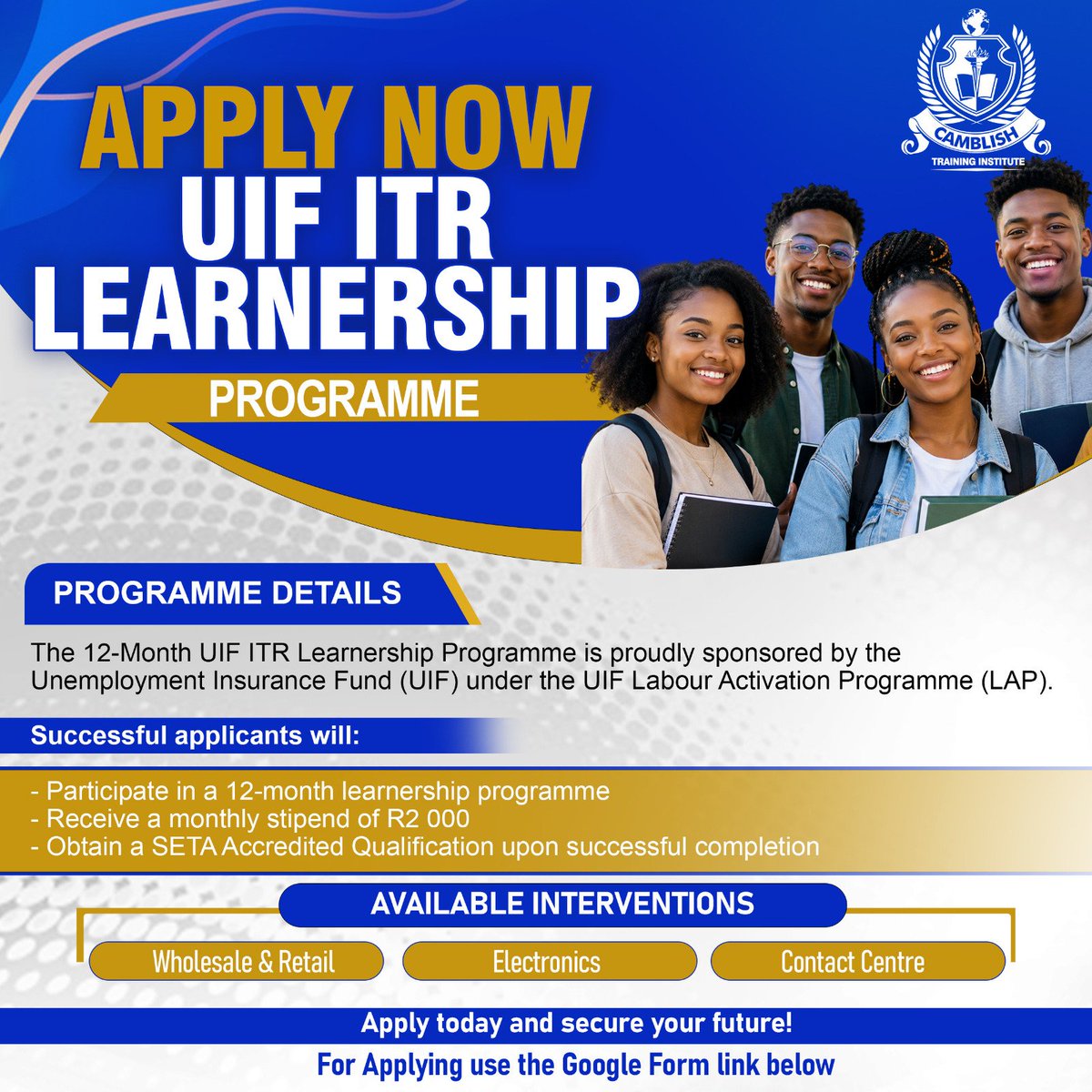 ViperjsS's tweet photo. APPLY NOW | UIF ITR Learnership Programme 🇿🇦

Link: https://t.co/KbQNDg7GJY

Fields:
📚 Wholesale &amp; Retail
📚 Electronics
📚 Contact Centre

Secure your future today! 💙

#Learnerships #UIF #SouthAfrica #YouthEmpowerment https://t.co/jYQEL3BOQx