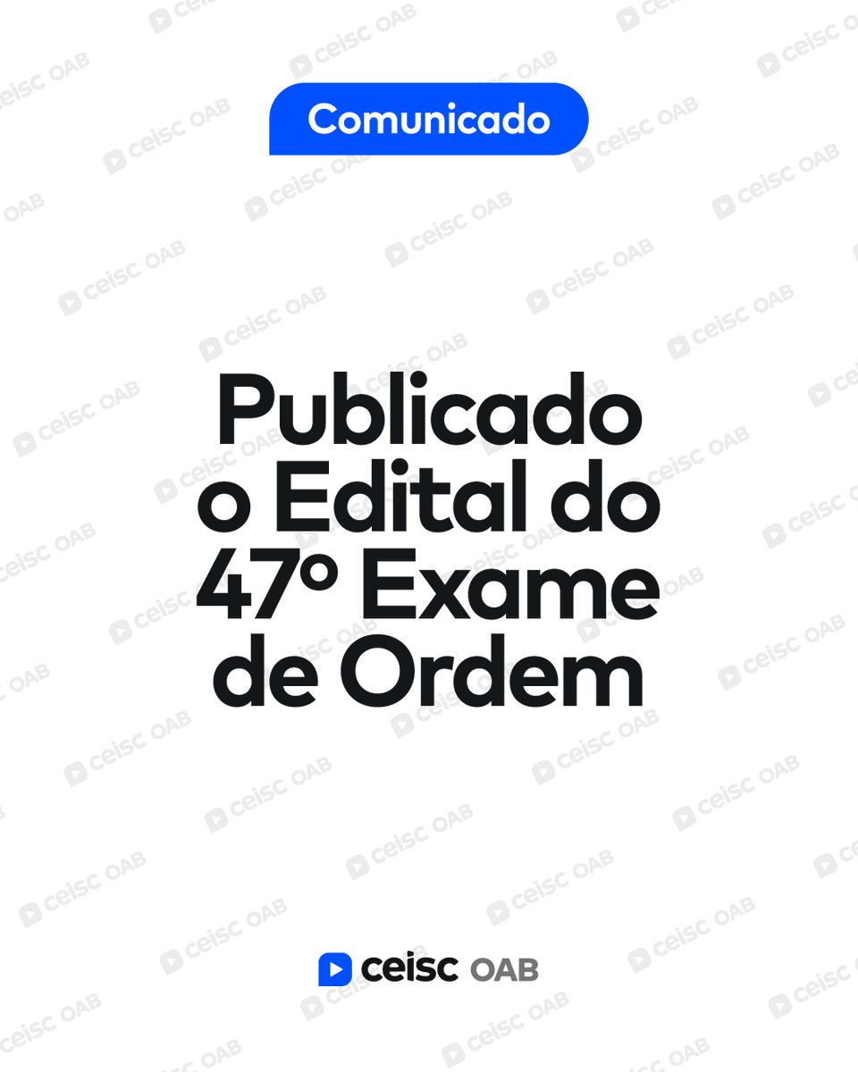 cursoceisc's tweet photo. ⚠️ Saiu o edital do 47º Exame de Ordem!

Hoje, 19h, tem Live de Análise gratuita 🎯
Entenda o edital e comece sua preparação com direção 🚀
Inscritos ganham resumo em PDF + quiz da 2ª fase

Cupom ULTIMACHANCE ativo até 23h59 de 26/05 💙

Saiba mais: https://t.co/9quaFbcHvM https://t.co/A0vSZlXKuH