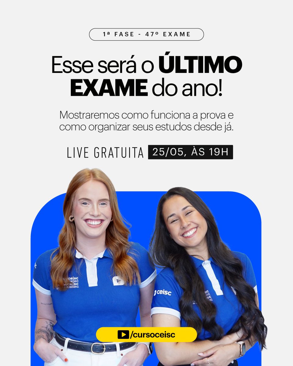 cursoceisc's tweet photo. ⚠️ Saiu o edital do 47º Exame de Ordem!

Hoje, 19h, tem Live de Análise gratuita 🎯
Entenda o edital e comece sua preparação com direção 🚀
Inscritos ganham resumo em PDF + quiz da 2ª fase

Cupom ULTIMACHANCE ativo até 23h59 de 26/05 💙

Saiba mais: https://t.co/9quaFbcHvM https://t.co/A0vSZlXKuH