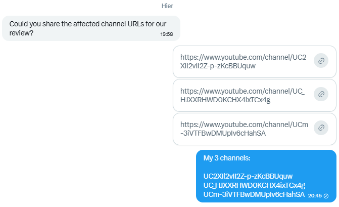 1Skilaw's tweet photo. I sent the demonetized channel URLs in DM after you asked for them, but I still have not received any follow up @TeamYouTube

This concerns 3 demonetized channels: my main parody channel, my second parody channel, and my reaction channel with my dad.

Could someone please review the DMs and escalate this with the affected channel URLs already provided?
