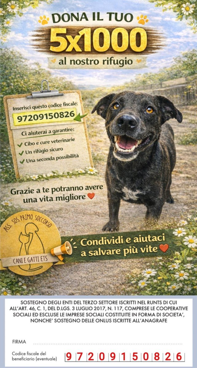 francycognato's tweet photo. AIUTACI A PROTEGGERE CHI NON HA VOCE 🙏🐾
Dona il tuo 5×1000 al nostro rifugio: per te è gratis, per loro è tutto.
Firma “Sostegno Terzo Settore” + CF 97209150826
Cibo, cure e una nuova vita ❤️
Condividi!
#5x1000 #AdottaNonComprare https://t.co/SAW4yz8ocE