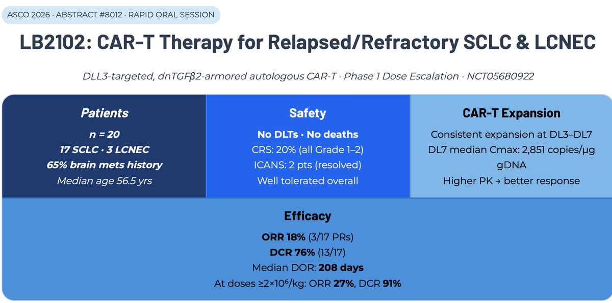 LauraAlderMD's tweet photo. DLL3-🛡️CAR-T for SCLC is here!  #ASCO26 | LB2102 Phase 1 (n=20) — Dr. Zhonglin Hao et al.
✅ No DLTs · No deaths
📊 ORR 27% · DCR 91% 
⏳ Median DOR 208 days ! 
📈 Higher CAR-T expansion → better response
Dose optimization could unlock even more activity.
#LCSM @sands_jacob @BalazsHalmosMD @BenCreelan