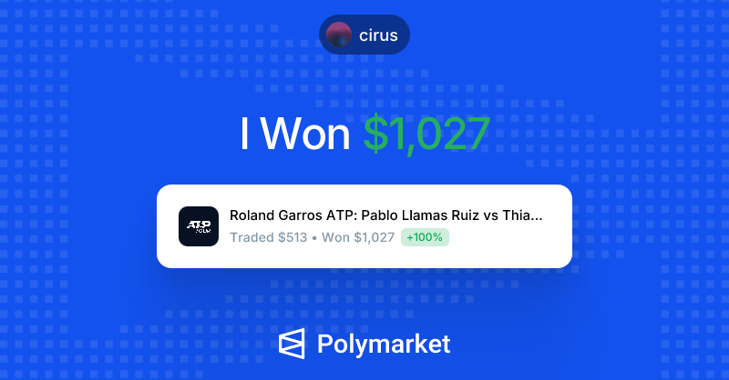 cirus_user's tweet photo. I just won $1,026.50 on @Polymarket!

Join me and put your money where your mouth is: https://t.co/a6znMge53z https://t.co/pZvhAbrae7