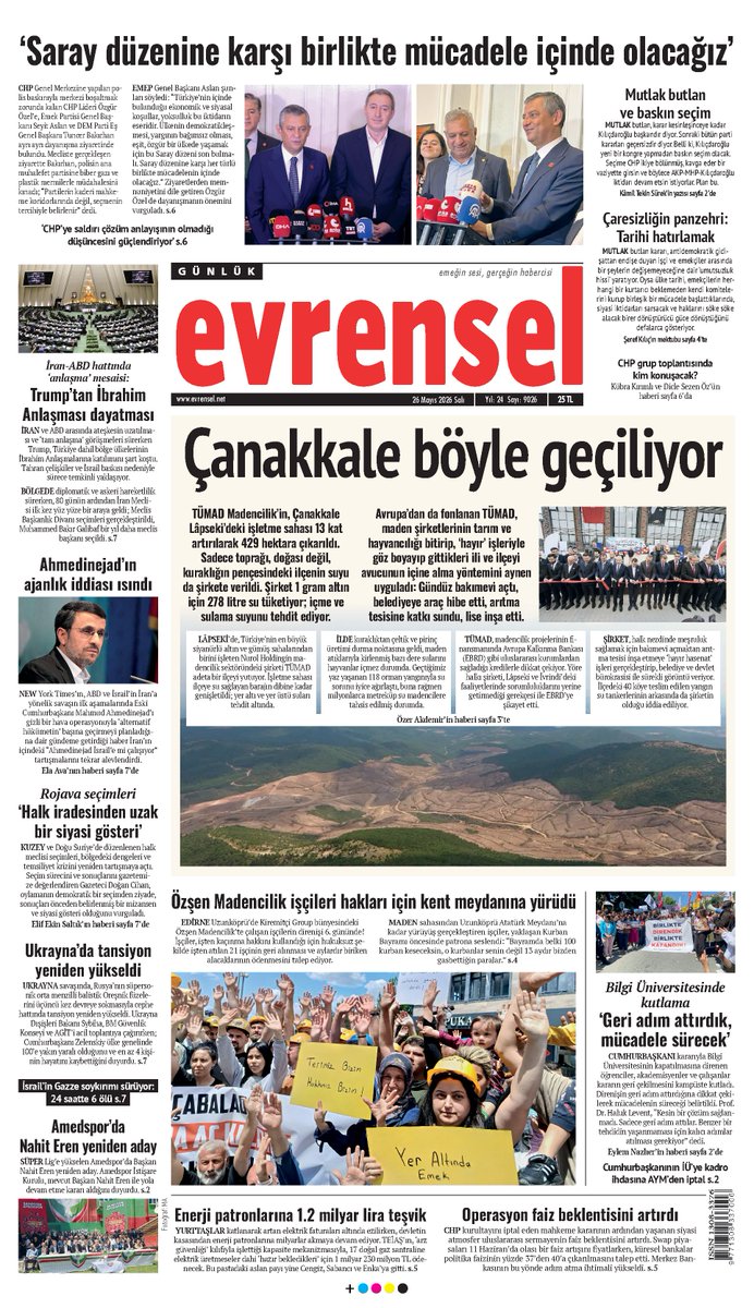 evrenselgzt's tweet photo. 🗞️ Çanakkale böyle geçiliyor

TÜMAD Madencilik’in, Çanakkale Lâpseki’deki işletme sahası 13 kat artırılarak 429 hektara çıkarıldı. Sadece toprağı, doğası değil, kuraklığın pençesindeki ilçenin suyu da şirkete verildi. Şirket 1 gram altın için 278 litre su tüketiyor; içme ve sulama suyunu tehdit ediyor. 
Avrupa’dan da fonlanan TÜMAD, maden şirketlerinin tarım ve hayvancılığı bitirip, ‘hayır’ işleriyle göz boyayıp gittikleri ili ve ilçeyi avucunun içine alma yöntemini aynen uyguladı: Gündüz bakımevi açtı, belediyeye araç hibe etti, arıtma tesisine katkı sundu, lise inşa etti.

📌 Evrensel bayilerde