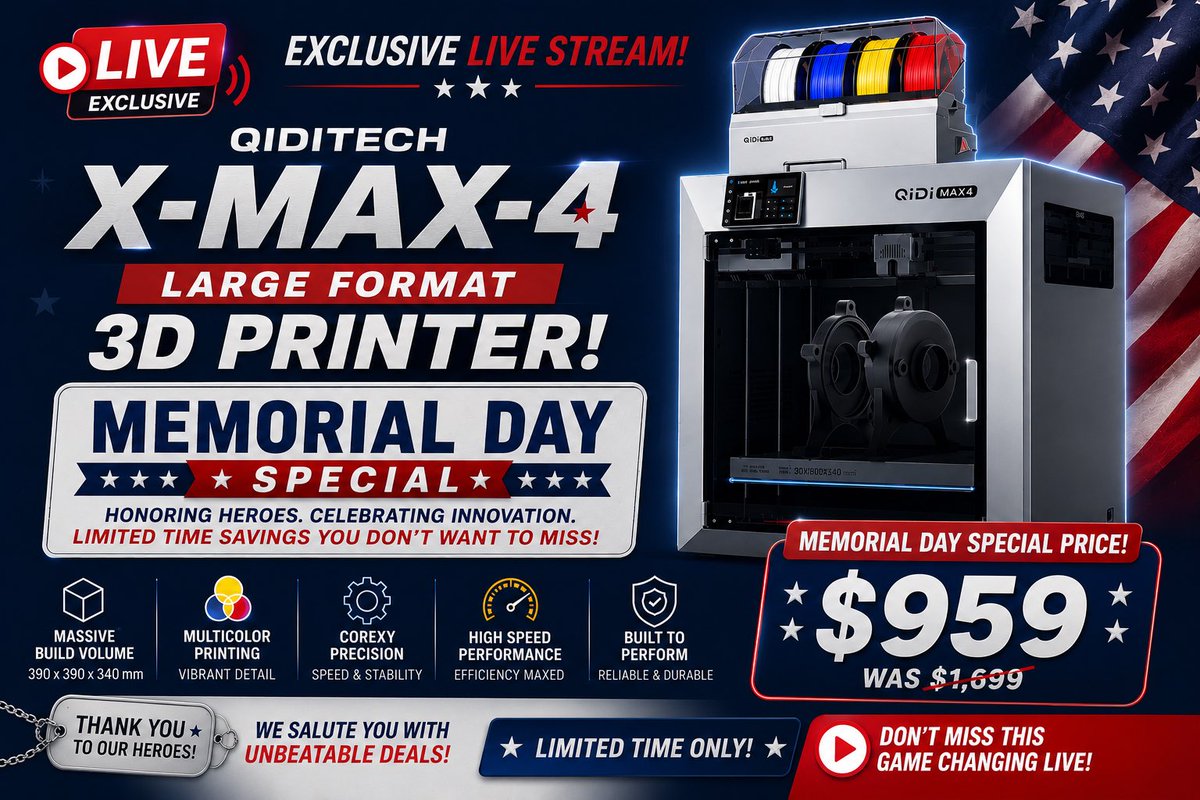 TheLightSpeedz's tweet photo. WANNA GRAB THE NEW QIDI X-MAX 4 for less than $1000? $959? On live right now! https://t.co/Ib9l51DMvx https://t.co/B9JjtoKn7N