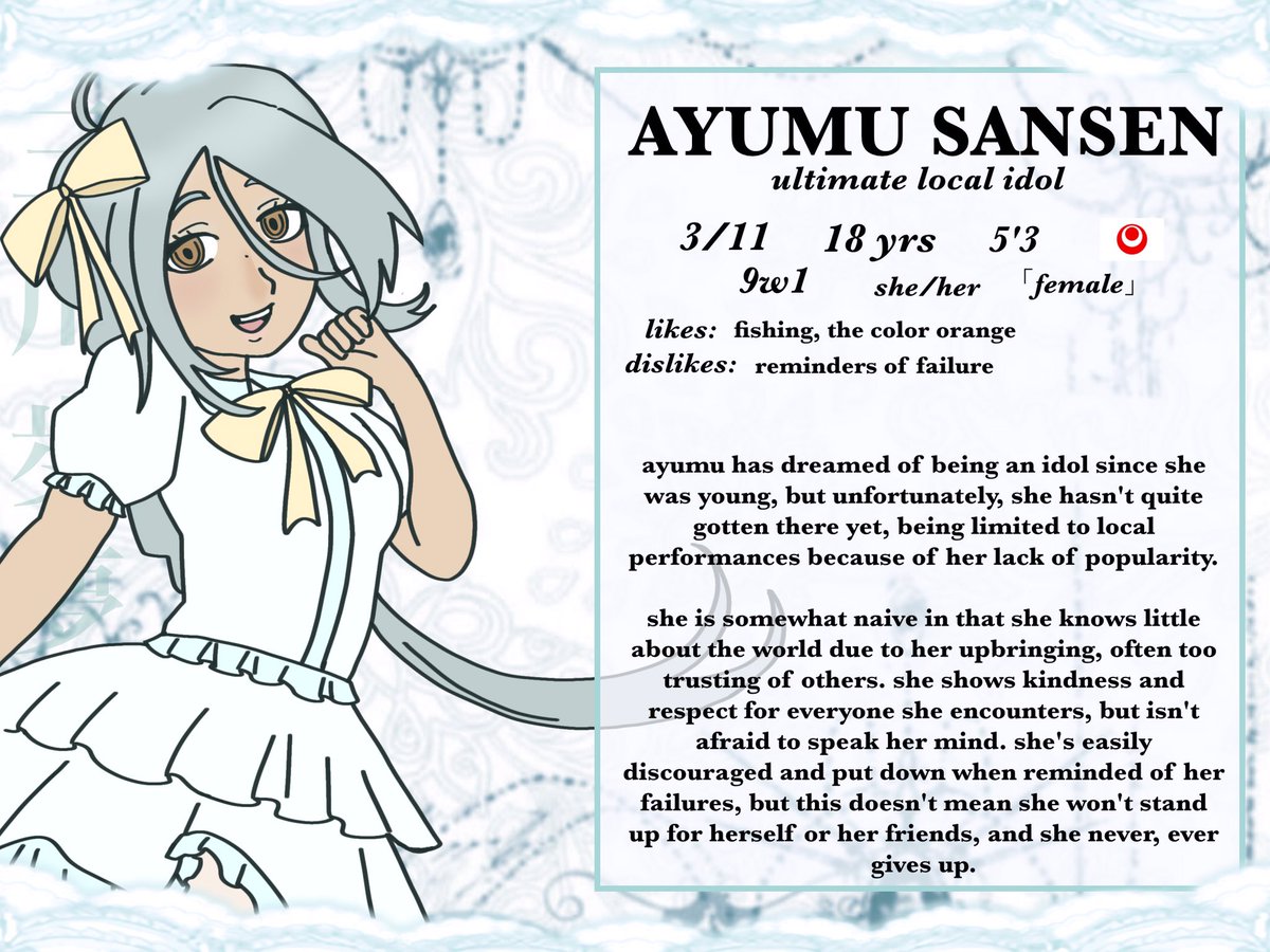 DR_abnormal's tweet photo. 💿 INTRODUCING PARTICIPANT #2, ULTIMATE LOCAL IDOL , AYUMU 🐠 

#fangantwt #fanganronpa #DRAbnormal https://t.co/uqnrrnkVN4
