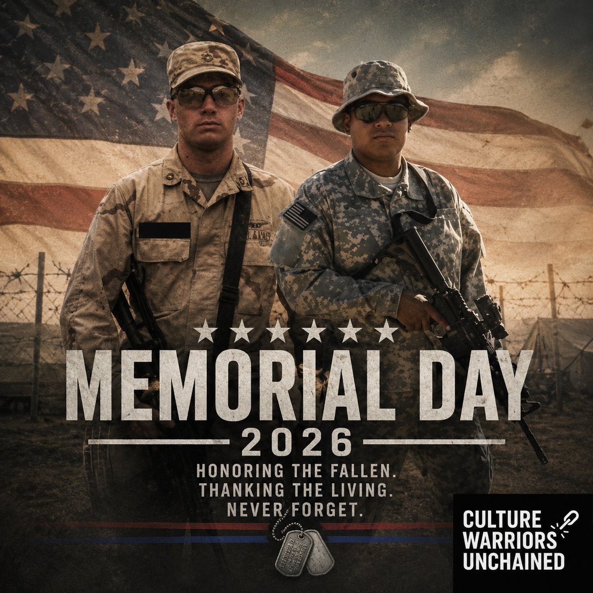 cwunchained's tweet photo. Two of the voices behind Culture Warriors Unchained are Army veterans. 🇺🇸
Memorial Day isn’t about politics or long weekends. It’s about remembering the men and women who never made it home.
Honor the fallen. Respect the sacrifice. Never forget.
#MemorialDay  #USArmy #NeverForget https://t.co/R8GTJuWXo1