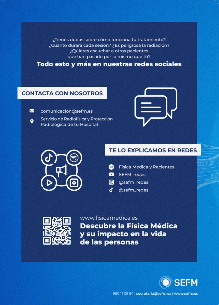 SEFM_redes's tweet photo. Nuevo material divulgativo elaborado por el Comité de Comunicación de la SEFM, compuesto por un póster y un díptico sobre nuestra profesión.

Se pondrá próximamente a disposición de los servicios que consideren útil contar con él

https://t.co/RMRxkZ5FCg

#SEFM #fisicamedica https://t.co/EVi1I9KbnL