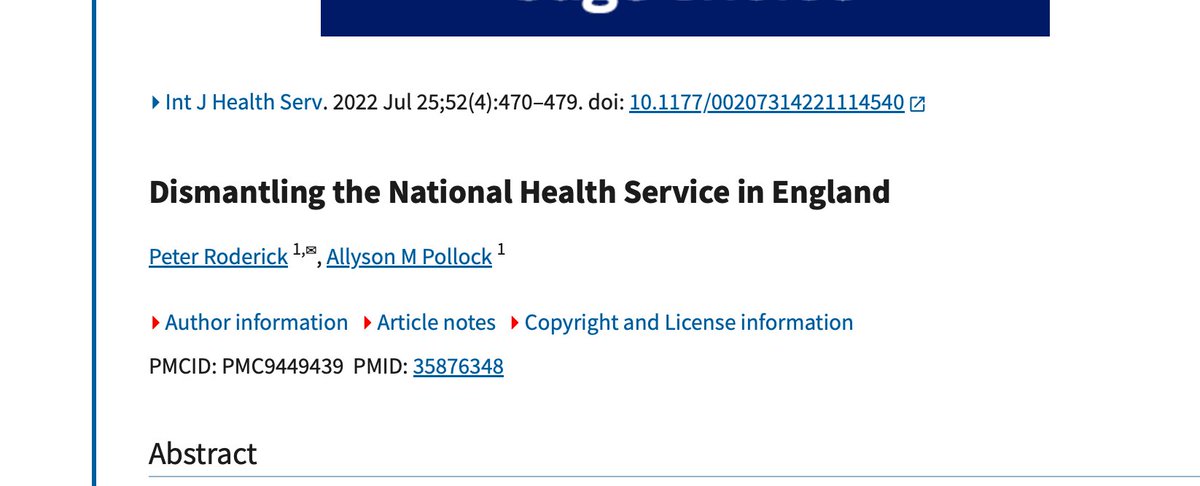 Sanidadtodoa100's tweet photo. El art. de Newcastle University 2022,documenta cómo el NHS inglés ha sido desmantelado progresivamente en 3 décadas mediante lo que llaman "incrementalismo de mercado". Las leyes de 1990, 2003 y 2012 fueron convirtiendo el sistema público en uno mixto, donde el sector privado americano (Centene, UnitedHealth/Optum, HCA) penetró a todos los niveles, desde la atención primaria hasta los hospitales. El Health and Care Act de 2022 fue el final, eliminando la obligación del Estado de garantizar servicios a la población. Sustituyó organismos locales por los "Integrated Care Boards" de base corporativa, y eliminó incluso la obligación de garantizar urgencias. Resultado? Un sistema de 2 velocidades similar al estadounidense, con altos costes, desigualdad e injusticia. 
Lo más relevante para España, donde ahora se trabajan tres leyes sanitarias, es precisamente el aviso que contiene este artículo sobre cómo se produce la privatización sin que nadie nunca la llame así. El artículo lo dice explícitamente: ningún gobierno británico llamó nunca a esto "privatización". Siempre fue "integración, innovación, eficiencia". Alan Milburn, siendo ministro de Sanidad laborista firmó un acuerdo con el sector privado para abrir las camas del NHS a empresas privadas, impulsó además el modelo de financiación privada PFI, y posteriormente fue a trabajar para PwC, consultora que apoya la privatización sanitaria, y para Bridgepoint Capital, que invierte en empresas privadas de salud. Milburn llegó a ser miembro del consejo de administración de Ribera Salud, subsidiaria española de la corporación americana Centene. Es decir, el mismo político que abrió el NHS al capital privado terminó en el consejo de la empresa que gestiona hospitales públicos concesionados en la Comunidad Valenciana. La puerta giratoria entre política sanitaria y capital privado. Es literalmente la misma persona en ambos lados. España aun está a tiempo pero podría llegar a ocurrir lo mismo que en UK, sin que nadie lo note, sin que nadie lo haya votado y sin que ningún político lo llame por su nombre.