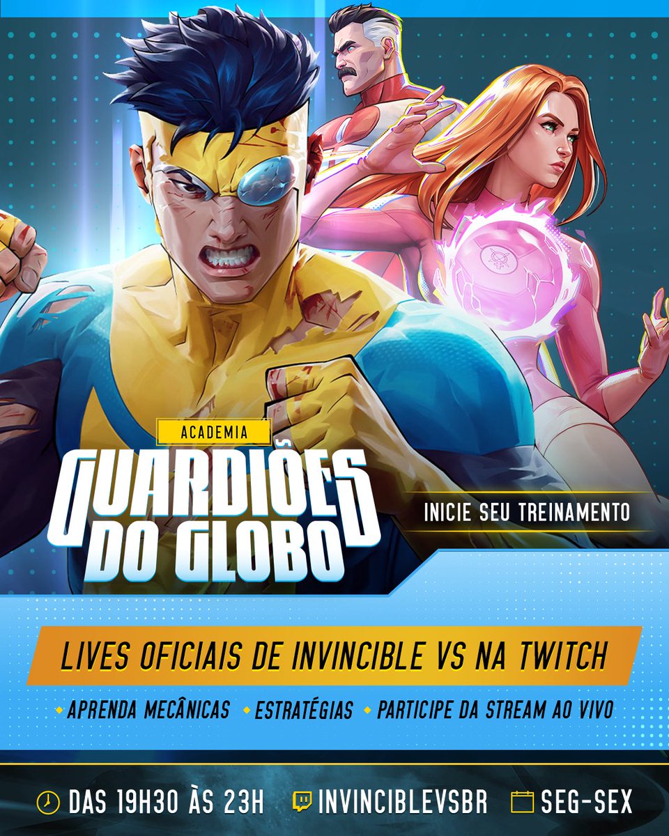 InvincibleVsBR's tweet photo. 🚨🚨ATENÇÃO!🚨🚨

A Invincible VS Brasil inicia amanhã a Academia Guardiões do Globo, uma nova série de transmissões oficiais na Twitch focada em ensinar jogadores a dominar os macetes do jogo.

Acompanhe lives com gameplay, estratégias, mecânicas, personagens e dicas para evoluir no combate e aprender mais sobre o game. 

Cola com a gente!
📅 De segunda a sexta
🕢 A partir das 19h30
🔗 https://t.co/ALojfBzTxT