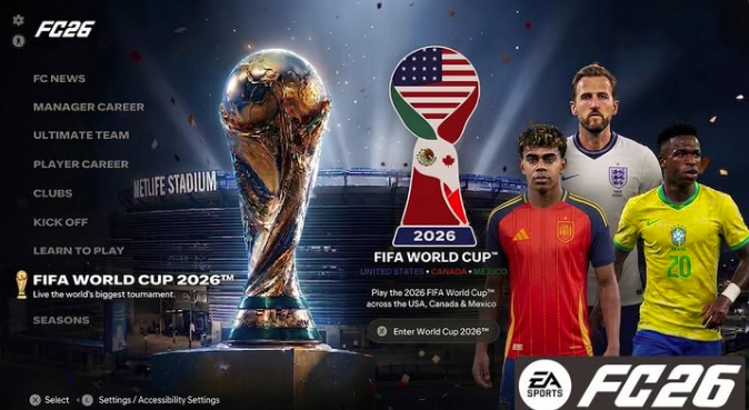 BrazilTeamWJohn's tweet photo. 🚨🎮 FIRST LOOK at the 2026 FIFA World Cup mode in EA Sports FC 26. 👀🏆

🇺🇸🇲🇽🇨🇦 The World Cup hosted across the United States, Mexico, and Canada is officially coming to FC 26.

🇧🇷 Brazil are finally BACK fully licensed with real player faces and names after two years away from the game. 🔥

Who are you taking to win the World Cup in Career Mode first? 👀🎮