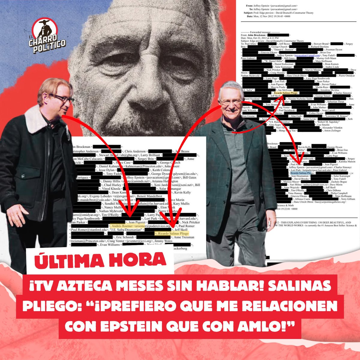 CharroPolitico's tweet photo. #ATENCION 💥🛑 SALINAS PLIEGO APARECE EN 26 ARCHIVOS DE EPSTEIN… Y TV AZTECA LLEVAN 5 MESES CALLANDO 🤐📺

El nombre del magnate mexicano Ricardo Salinas Pliego apareció en 26 archivos relacionados con el caso Jeffrey Epstein, el financiero acusado de tráfico sexual internacional 🚨🌎. Correos filtrados revelan invitaciones secretas, cenas privadas y reuniones exclusivas junto a multimillonarios como Jeff Bezos, Elon Musk y Bill Gates 🥃💰.

Pero lo más indignante no es solo eso… ¡TV AZTECA lleva MÁS DE 5 MESES sin mencionar UNA SOLA VEZ que su dueño aparece en los archivos de Epstein! 📺🤐 Mientras atacan todos los días al gobierno de la transformación, esconden el escándalo que golpea directamente a su patrón.

Salinas incluso admitió haber coincidido con Epstein en una cena, pero aseguró sentir “más vergüenza” de su antigua amistad con AMLO 😳🔥.

📢💣 ¡SE CAE EL DISCURSO “MORALISTA” DE LA DERECHA MILLONARIA!⚠️

📲 COMENTA qué opinas y COMPARTE antes de que intenten desaparecer esta información.

#SalinasPliego #EpsteinFiles #TVAzteca #AMLO #ClaudiaSheinbaum #Mexico #4T #Corrupcion #JeffreyEpstein #PoliticaMexicana 🚨🔥