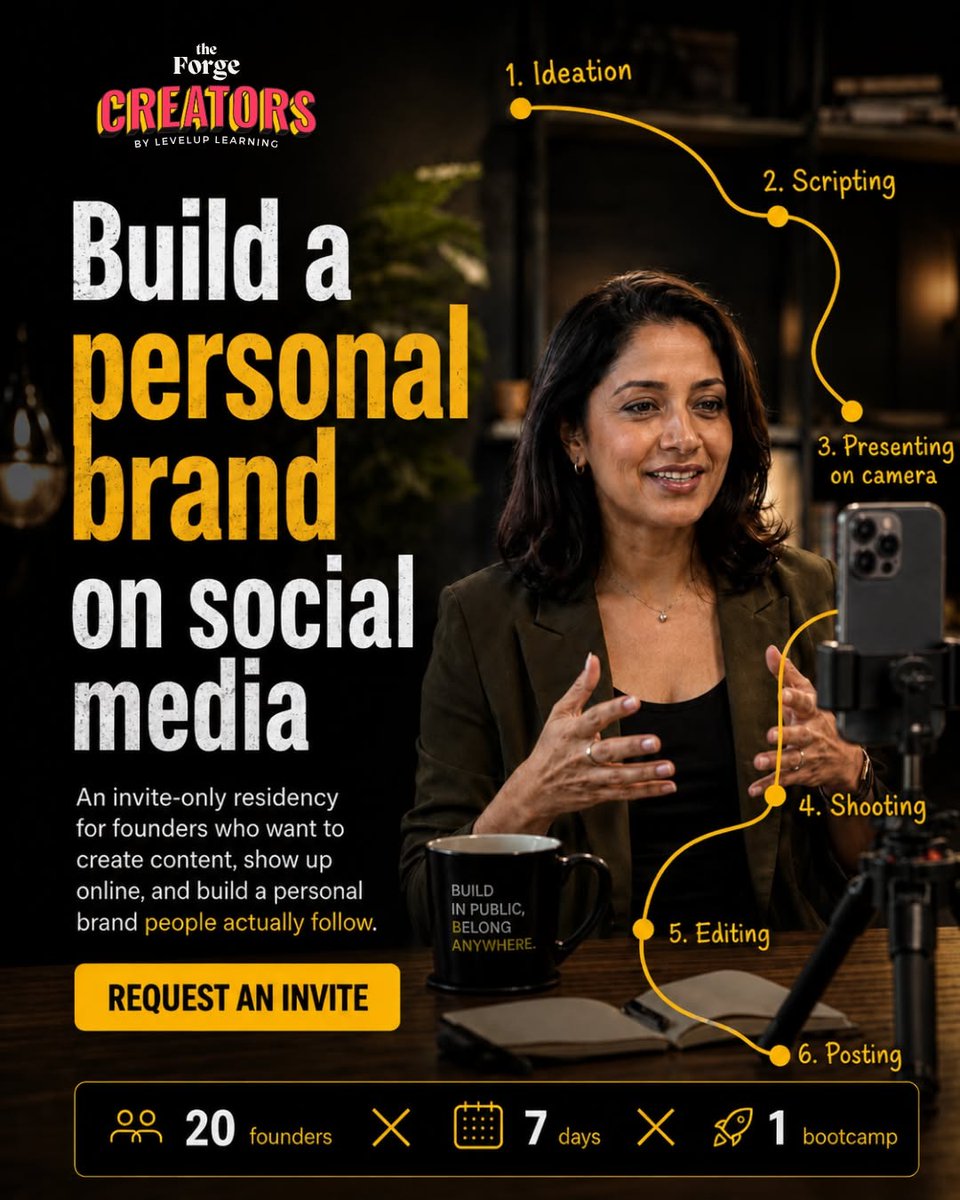 LevelUp_edu's tweet photo. you can just pitch to a vc, but can't talk to a camera.

we built the forge creators bootcamp for exactly this. 20 founders, 7 days in goa or bali. learn to ideate, script, present, shoot, edit, post.

application, interview, acceptance. request your invite.