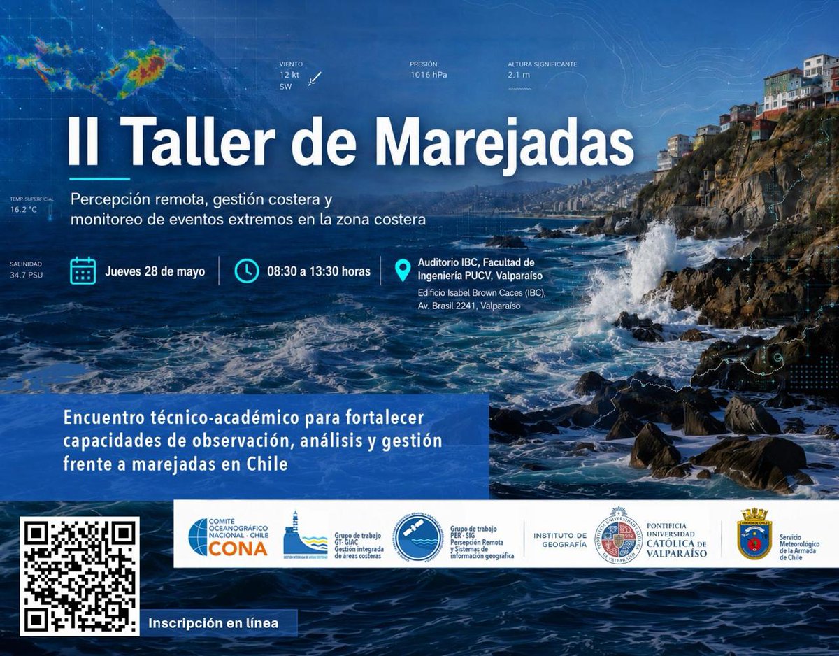 DGTM_Chile's tweet photo. 🌊⚓️ El Comité Oceanográfico Nacional realizará el II Taller de Marejadas Anormales, instancia abierta a la comunidad para abordar la gestión y monitoreo del borde costero.

📍 PUCV, Valparaíso
28 de mayo | 08:30 a 13:30 hrs.
#Marejadas #CONA #GestiónCostera https://t.co/yXz4Lo7n4G