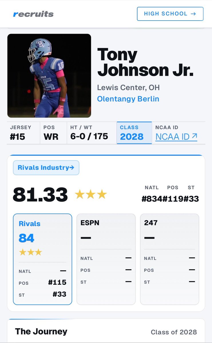 tonetone2028OH's tweet photo. Thank you @Rivals @On3 for rating me a 3⭐️ in the Class of 2028 and #119 WR in the nation. 

@247Sports @247recruiting @AllenTrieu @GregSmithRivals @adamgorney @SWiltfong_ @PrepRedzoneOH @JaredLuginbill @TylerStevens94 https://t.co/pZagjMig4K