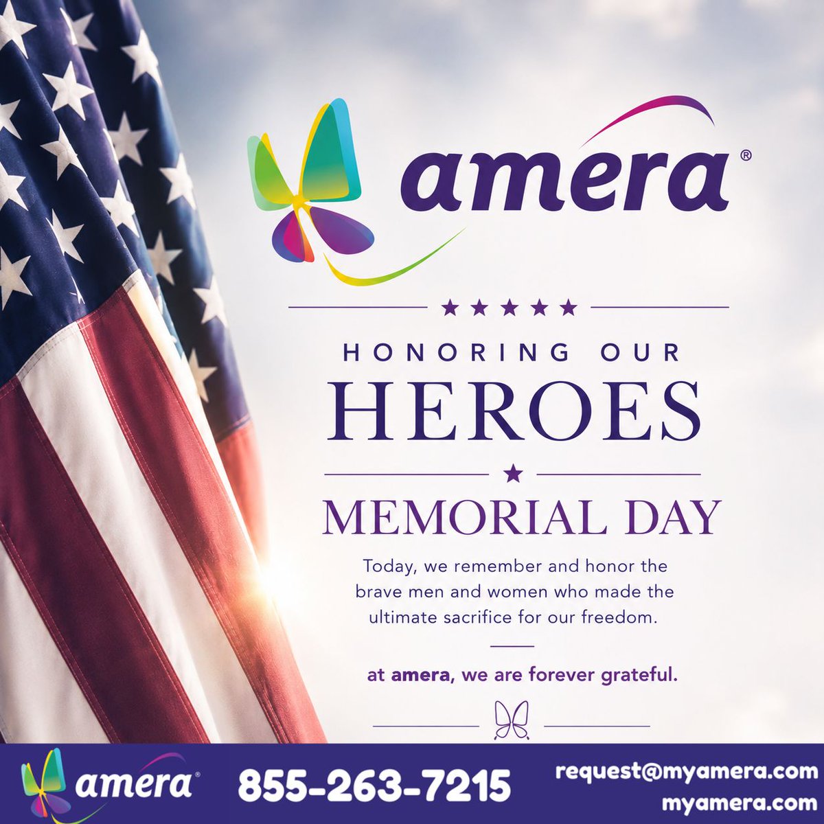 amerasolutions's tweet photo. At Amera, we honor the courage, sacrifice, and service of our fallen heroes this Memorial Day. 🇺🇸
#MemorialDay #Amera #Colonoscopy #MedicalTransportation #MedicalProcedure #DaySurgery #ReliableService #ExtendedCare #RideCaring #OutPatientSupport https://t.co/vpIp0gdYWf