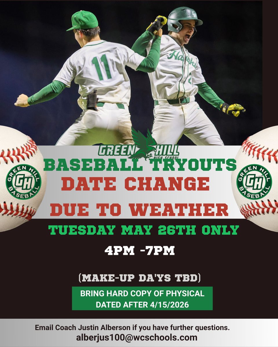 G_HillBaseball's tweet photo. 🚨Tryouts changed 🚨 1 day only 5/26 4-7pm, starting on the football field and will end at the baseball facility https://t.co/wf6DZsvm7y