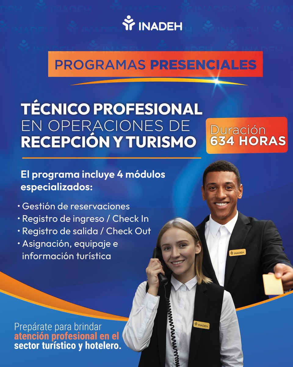 InadehOficial's tweet photo. ¡Convocatoria Abierta! ✨
Forma parte de los programas técnicos de turismo del INADEH.

📅 Miércoles 27 de mayo
🕘 De 9:00 a.m. a 1:00 p.m.
📍 INADEH Plaza Galerías Panamericana (Tocumen)
✅ Requisitos:
* 18 años cumplidos
* Presentar diploma de sexto año https://t.co/Zky5Q0Cad2