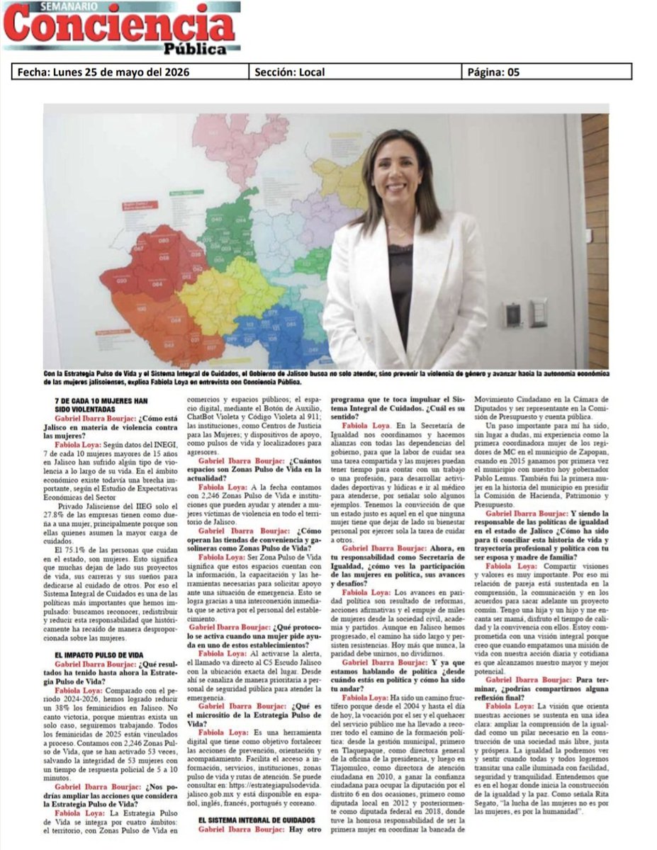 FabiolaLoya_'s tweet photo. Con una visión clara y acciones concretas, trabajamos desde el @GobiernoJalisco para prevenir, atender y erradicar la violencia contra las mujeres mediante la Estrategia #PulsoDeVida, además de impulsar la autonomía económica y fortalecer la agenda de cuidados, con el fin de reducir las brechas de género. 👩✋

Les invito a leer esta entrevista que me realizó Gabriel Ibarra @bourjack para el Semanario @concienciapubli, a quien agradezco el espacio para compartir el trabajo que estamos haciendo en la Secretaría de @IgualdadJalisco para que las mujeres puedan vivir una vida digna, justa y libre de violencias en el estado.
