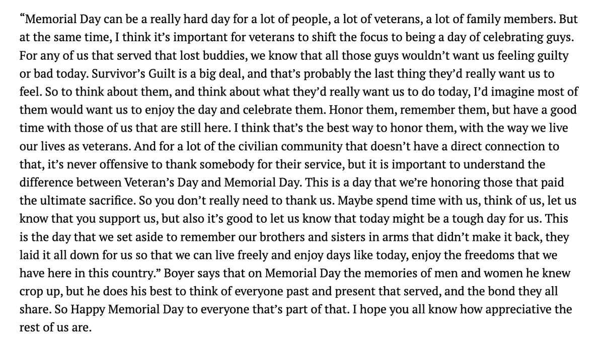 AlbertBreer's tweet photo. I've had good talks with veterans over the years about how tough Memorial Day is—and how it's different than other days we honor them. In 2019, @NateBoyer37 did a nice job articulating it for me. I'll leave his words here.

  Best to those who've served, today and every day. 🇺🇸 https://t.co/OTa7dKZoaW