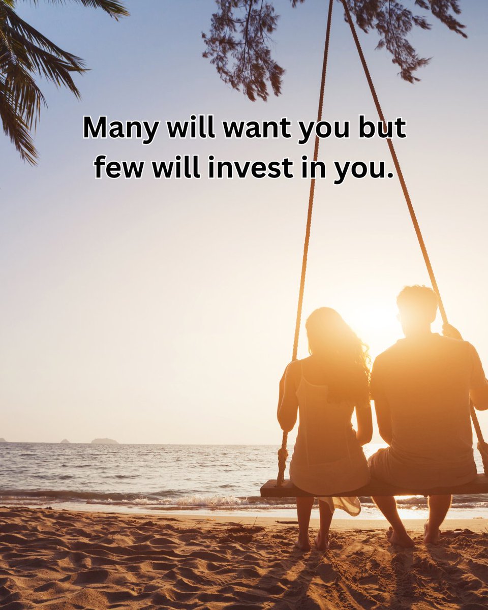 MatthewCoast's tweet photo. Many will want you but few will invest in you.

They'll want your time but won't give you theirs.
They'll want your energy but won't reciprocate.
They'll want your body but not your heart.
They'll want the benefits without the commitment.

Wanting you is easy.
Investing in you requires sacrifice.

Anyone can say they want to be with you.
But who's actually building with you?

Who's putting in effort when the excitement fades?
Who's staying when things get difficult?
Who's planning a future that includes you?
Who's becoming better because of you?

Investment looks like action, not words.

It's consistent effort, not occasional attention.
It's prioritizing you, not fitting you in.
It's choosing you daily, not just when convenient.
It's building something lasting, not just passing time.

Don't settle for someone who just wants you.
Wait for someone who invests in you.

There's a big difference between interest and commitment.
Make sure you know which one you're getting.