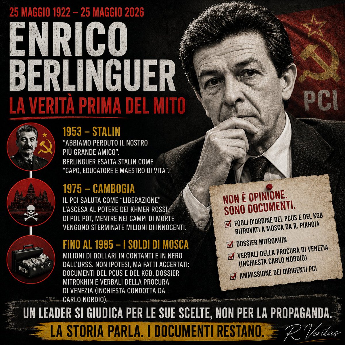 RVeritasAutore's tweet photo. Oggi nasceva Enrico #Berlinguer Al di là del mito TV la storia documentata parla chiaro: l'editoriale pro-Stalin nel '53, il plauso ai Khmer Rossi nei '70 e i finanziamenti in nero dall'URSS accertati dall'inchiesta di Carlo Nordio negli anni '90. La memoria oltre la propaganda https://t.co/uiBjgb2RLd