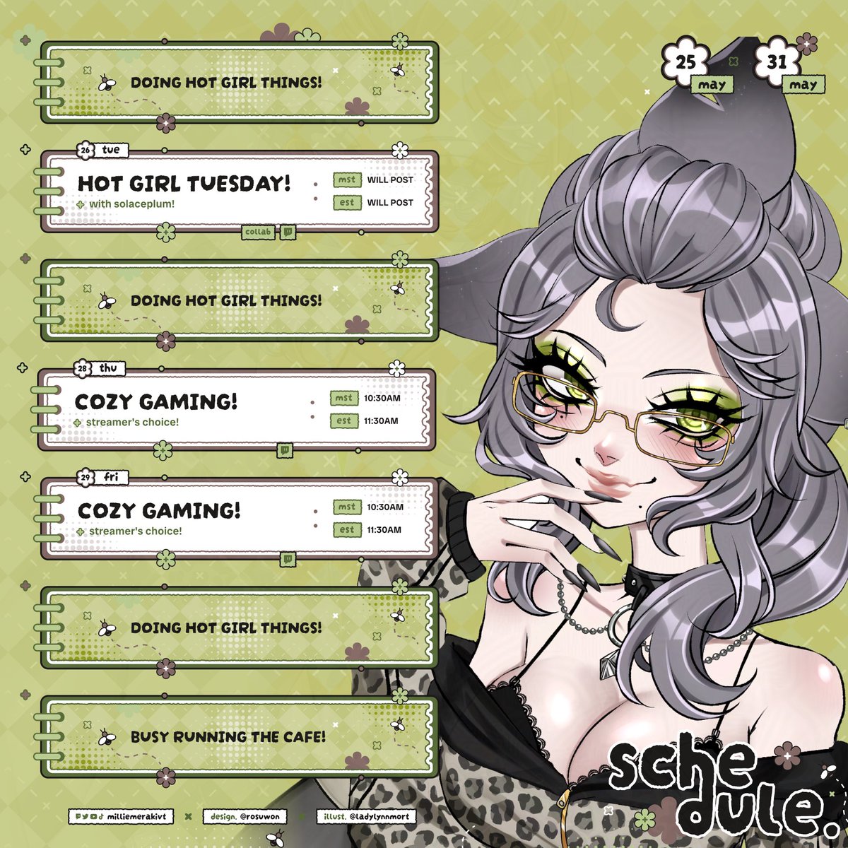 MillieMerakiVT's tweet photo. SCHEDULE 
MAY 25th- MAY 31st
tuesday- hot girl tuesday with @SolacePlum !
thursday- cozy gaming!
friday- cozy gaming! https://t.co/IfqZQLTRlB