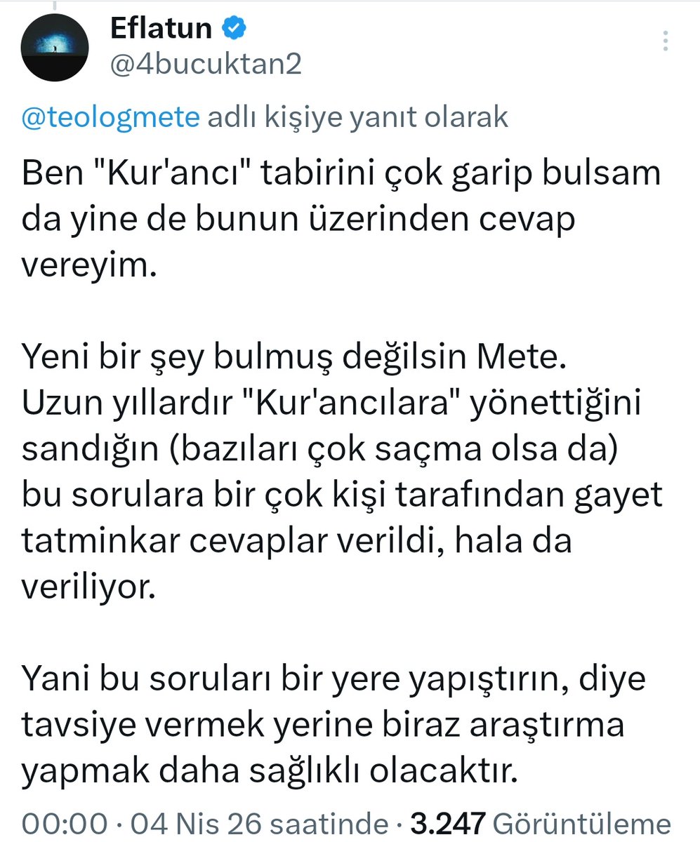 4bucuktan2's tweet photo. @teologmete @edipyuksel Mete, gerçekten derdin üzüm yemek mi bağcı dövmek mi belli değil. Senin bu sorularına cevaplar verildi yeni değil bu sorular, dedim "canlı yayından kaçtılar" diye sitem ettin. Adam sana canlı yayın teklif etmiş "sen hele bi yaz" diyorsun. https://t.co/nBavf9EfvE