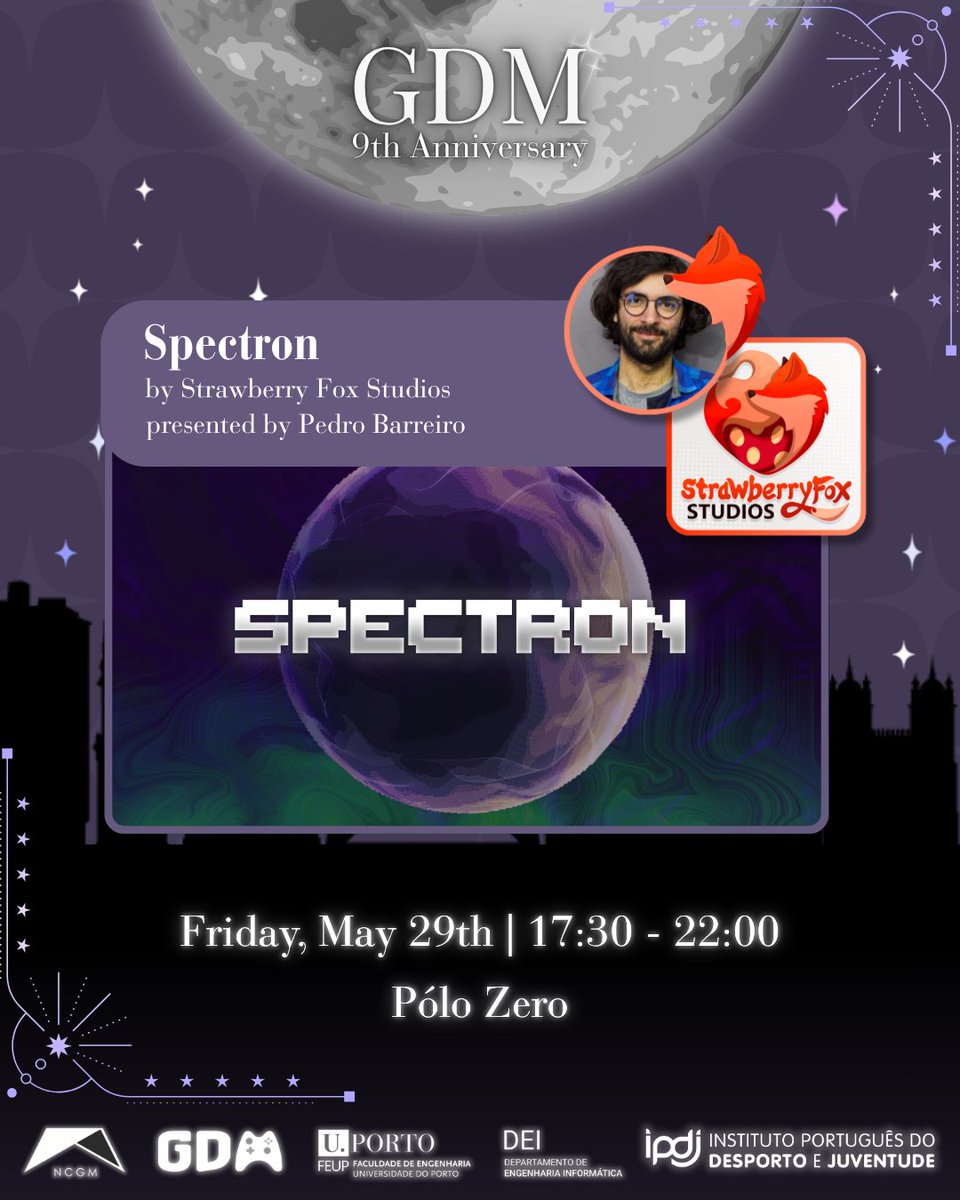 GDMPorto's tweet photo. Preparem-se para receberem o Pedro Barreiro da Strawberry Fox Studios e o seu jogo de estreia, Spectron. 👾
 
Spectron é um jogo frenético de ação espacial com níveis curtos, intensos e que exigem precisão e atenção constantes! 🚀 

#gamedevmeet #gamedev #ncgm #feup #porto https://t.co/ZR3UvPtX04
