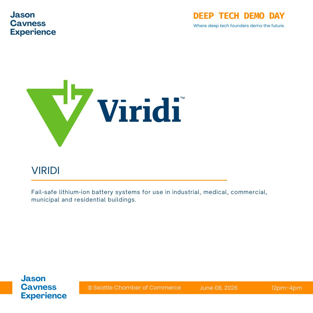 jasonmcavness's tweet photo. X
Excited to have Viridi demoing at Deep Tech Demo Day.
Fail-safe lithium-ion battery systems for industrial, commercial + residential energy storage.
#DeepTech #BatteryTech #ClimateTech
Confidence level: High
Instagram
Thrilled to have Viridi joining Deep Tech Demo Day ⚡
Viridi is building: 🔋 Fail-safe battery systems ⚡ Reliable energy storage 🏢 Industrial + commercial applications 🏠 Residential energy solutions
Energy infrastructure technology built for the real world.

Go to the linktree to RSVP

@markhagus

#DeepTech #ClimateTech #BatteryTech #EnergyTech #SeattleTech