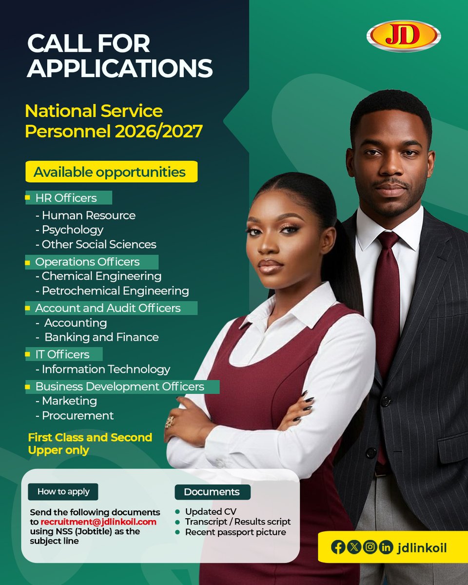 JDLinkOil's tweet photo. Kickstart your career journey with JD Link Oil!We invite passionate, dedicated, and career-driven individuals to apply for NSS positions listed in the flyer below. #JdLinkOil #NationalService #CareerOpportunity #NowHiring #GraduateOpportunities #universities #JoinOurTeam #Apply https://t.co/GilMOKbiDY
