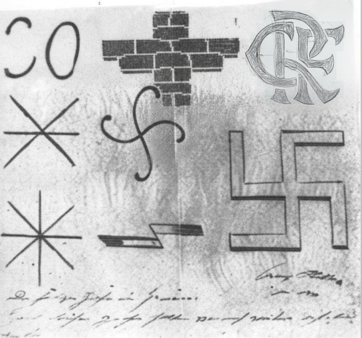 fluopium's tweet photo. rascunhos do hitler pra logo do partido nazista (1920) https://t.co/koralxS7Ri