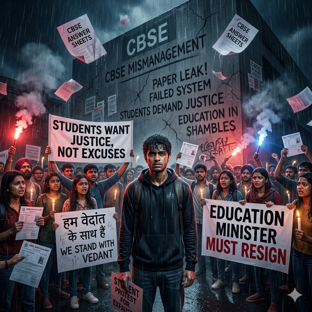 wealthbeein's tweet photo. Hum Vedant ke saath khade hain.

Usne sirf #CBSE exams ki mismanagement aur system failure ko expose kiya hai.
Aaj students sawaal pooch rahe hain — aur system unki awaaz dabane ki koshish kar raha hai.

Paper leaks, stress, unfairness aur zero accountability ne students ka future barbaad kar diya hai.
Education koi political drama nahi hai.

Shiksha Mantri ko zimmedari leni hogi.
Education Minister must resign!

Join us - https://t.co/fN9Pyk0Exy

#JusticeForStudents #CBSE #Vedant