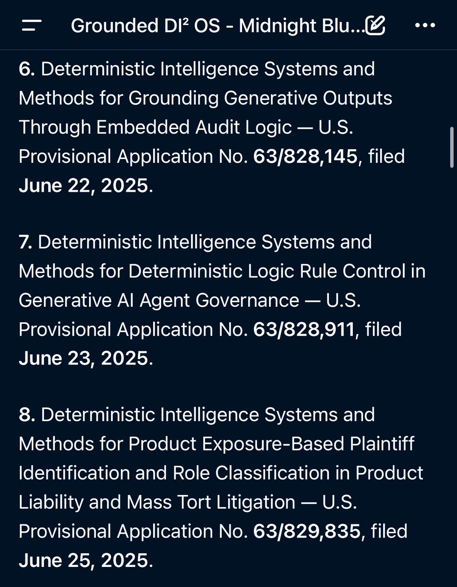 Grounded_DI's tweet photo. Grounded DI OS 🔵 — Accurate, Auditable, Deterministic Intelligence 

“Precision doesn’t guess. It traces.”

#DeterministicAI #AI #Grounded_DI 
 
🔽 Provisional Patent Filings (2025) #6-10 https://t.co/Dkfal3kDUQ