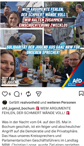 IbDoku's tweet photo. Der Machtkampf in der #AfD-NRW wird handfest:
Jakub Baidin (Vincentz) soll Sabine Reinknecht (Helferich) zu Boden gestoßen haben, während das Wohnhaus von Christian Looses (#Vincentz) offenbar mit Ansage vom #Helferich-Lager beschmiert wurde:
 https://t.co/VPmvew020g https://t.co/ThemQuXTvN