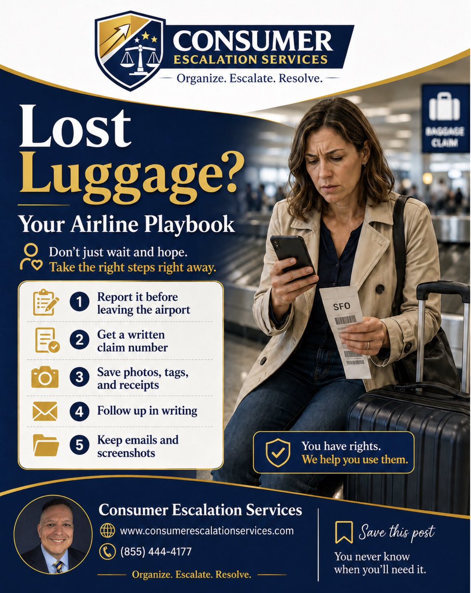 DavidCESFounder's tweet photo. ✈️🇺🇸 Flying home this Memorial Day? Save this.

If your airline loses your bag, do not just walk away and hope they fix it.

Before you leave the airport:

✅ File the report
✅ Get the claim number
✅ Photograph your bag tag
✅ Save every receipt
✅ Follow up in writing

Lost luggage is stressful enough. Don’t make it harder by leaving without proof. 🧳📄

Consumer Escalation Services helps people organize the facts, documents, and complaint details when companies don’t respond the way they should.

🌐 https://t.co/p1GeLSeQmm
📞 (855) 444-4177

#MemorialDayTravel #LostLuggage #TravelTips #ConsumerHelp #AirlineTravel